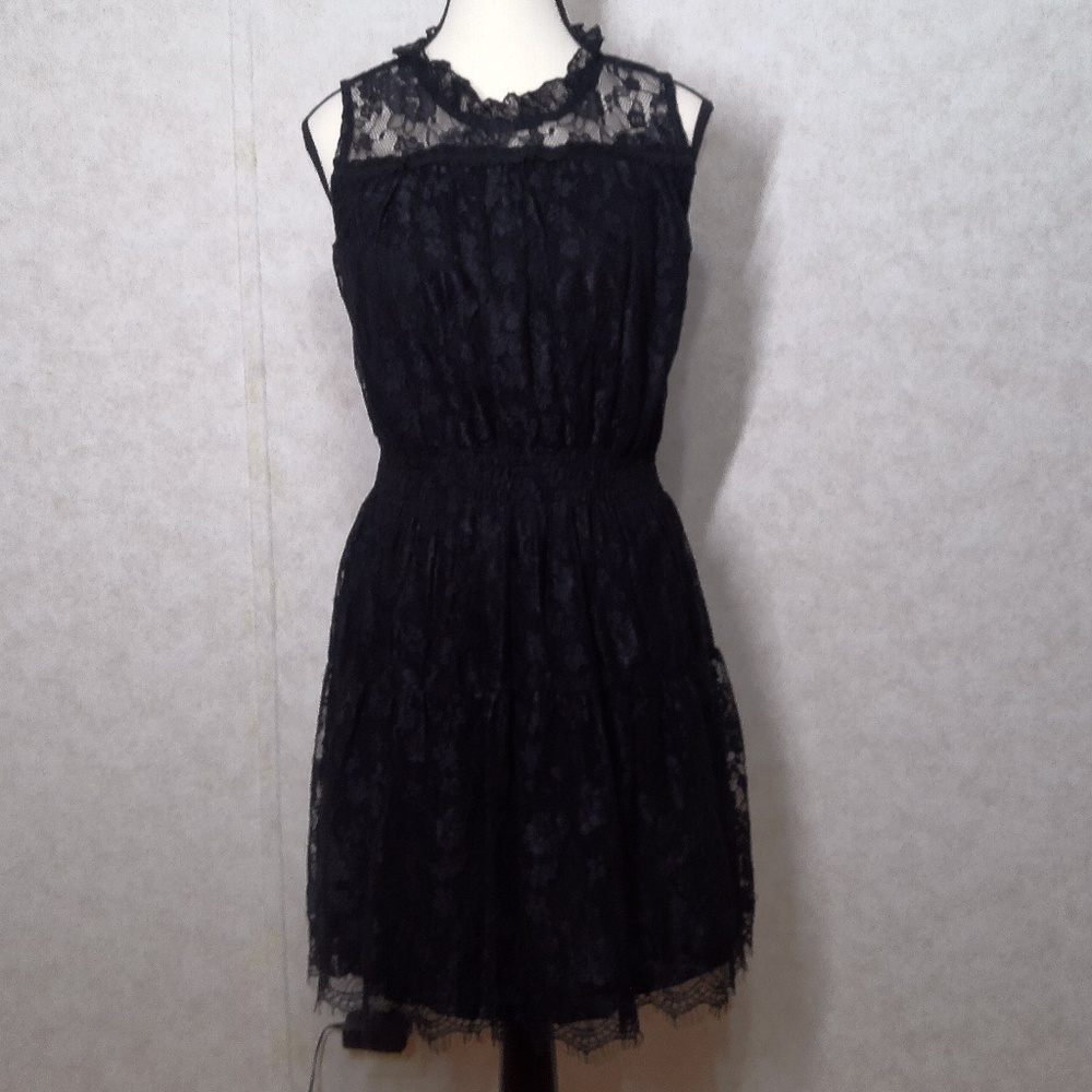 NWOT Pol Black Floral Lace Stretch Waist Inner Lined Pull Over Gothic Dress Sz S